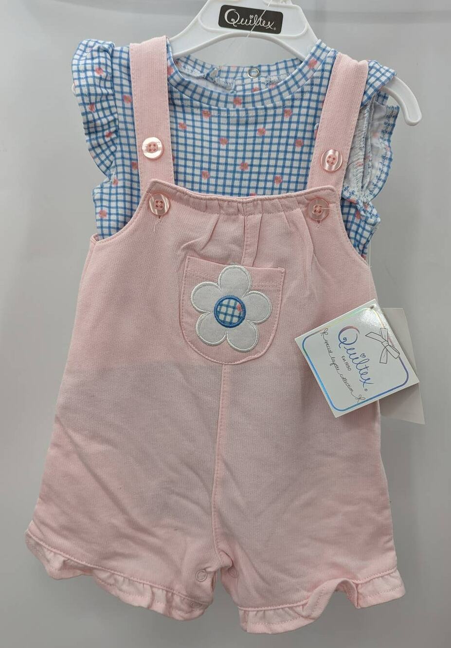 Quiltex Shortalls Pink Suspender Blue Plaid Floral Top 2 Piece Outfit 3-6 Months
